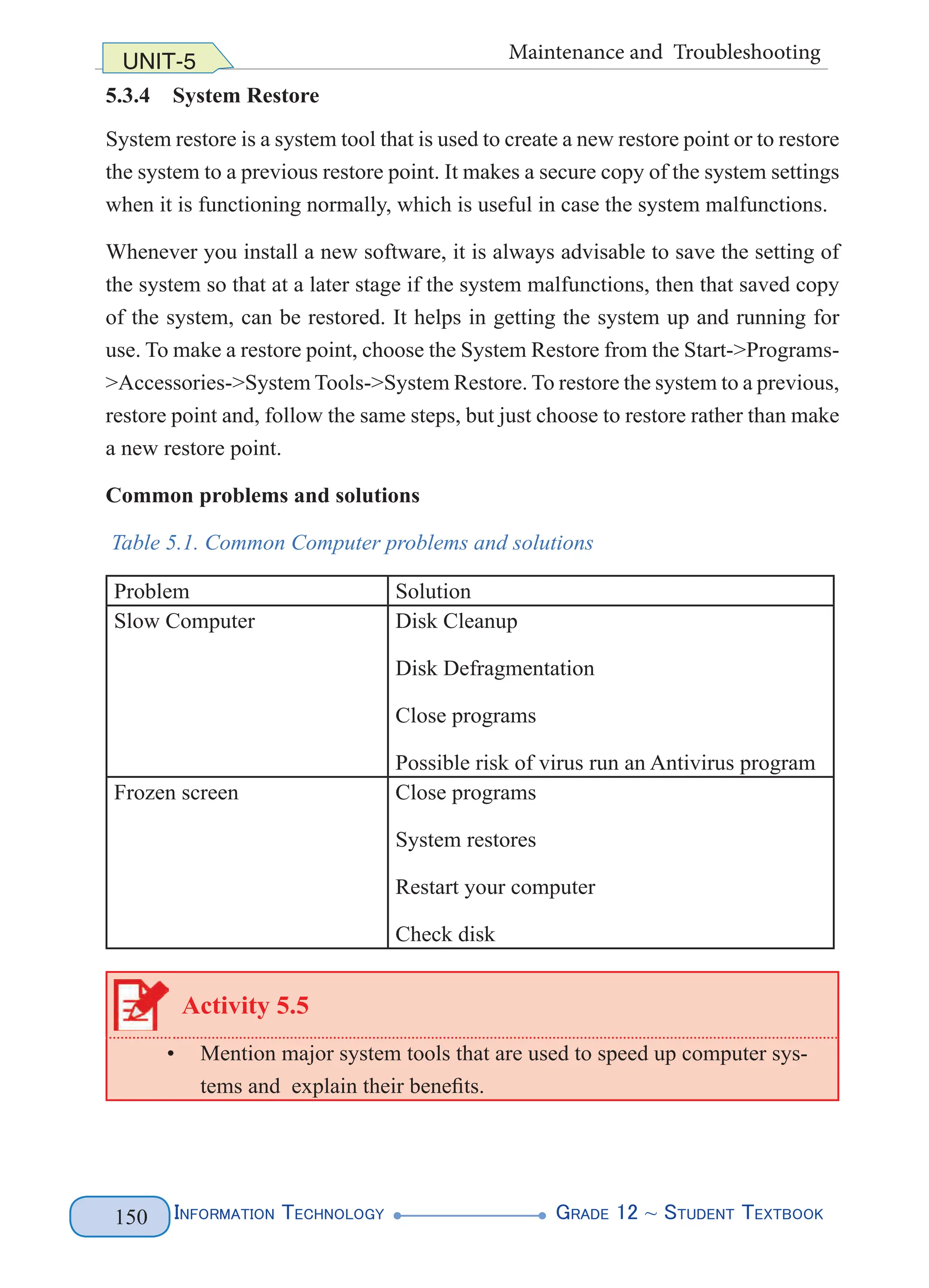 Information Technology G
rade 12 ~ Student Textbook
150
UNIT-5 Maintenance and Troubleshooting
5.3.4 System Restore
System restore is a system tool that is used to create a new restore point or to restore
the system to a previous restore point. It makes a secure copy of the system settings
when it is functioning normally, which is useful in case the system malfunctions.
Whenever you install a new software, it is always advisable to save the setting of
the system so that at a later stage if the system malfunctions, then that saved copy
of the system, can be restored. It helps in getting the system up and running for
use. To make a restore point, choose the System Restore from the Start->Programs-
>Accessories->System Tools->System Restore. To restore the system to a previous,
restore point and, follow the same steps, but just choose to restore rather than make
a new restore point.
Common problems and solutions
Table 5.1. Common Computer problems and solutions
Problem Solution
Slow Computer Disk Cleanup
Disk Defragmentation
Close programs
Possible risk of virus run an Antivirus program
Frozen screen Close programs
System restores
Restart your computer
Check disk
Activity 5.5
• Mention major system tools that are used to speed up computer sys-
tems and explain their benefits.
 