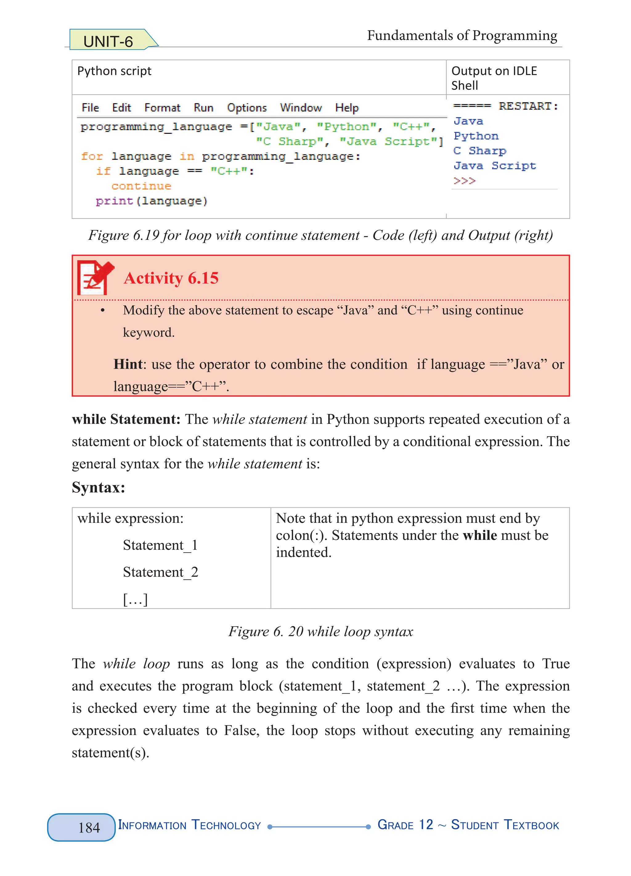 Information Technology G
rade 12 ~ Student Textbook
184
UNIT-6 Fundamentals of Programming
Python script Output on IDLE
Shell
Figure 6.19 for loop with continue statement - Code (left) and Output (right)
Activity 6.15
• Modify the above statement to escape “Java” and “C++” using continue
keyword.
Hint: use the operator to combine the condition if language ==”Java” or
language==”C++”.
while Statement: The while statement in Python supports repeated execution of a
statement or block of statements that is controlled by a conditional expression. The
general syntax for the while statement is:
Syntax:
while expression:
Statement_1
Statement_2
[…]
Note that in python expression must end by
colon(:). Statements under the while must be
indented.
Figure 6. 20 while loop syntax
The while loop runs as long as the condition (expression) evaluates to True
and executes the program block (statement_1, statement_2 …). The expression
is checked every time at the beginning of the loop and the first time when the
expression evaluates to False, the loop stops without executing any remaining
statement(s).
 