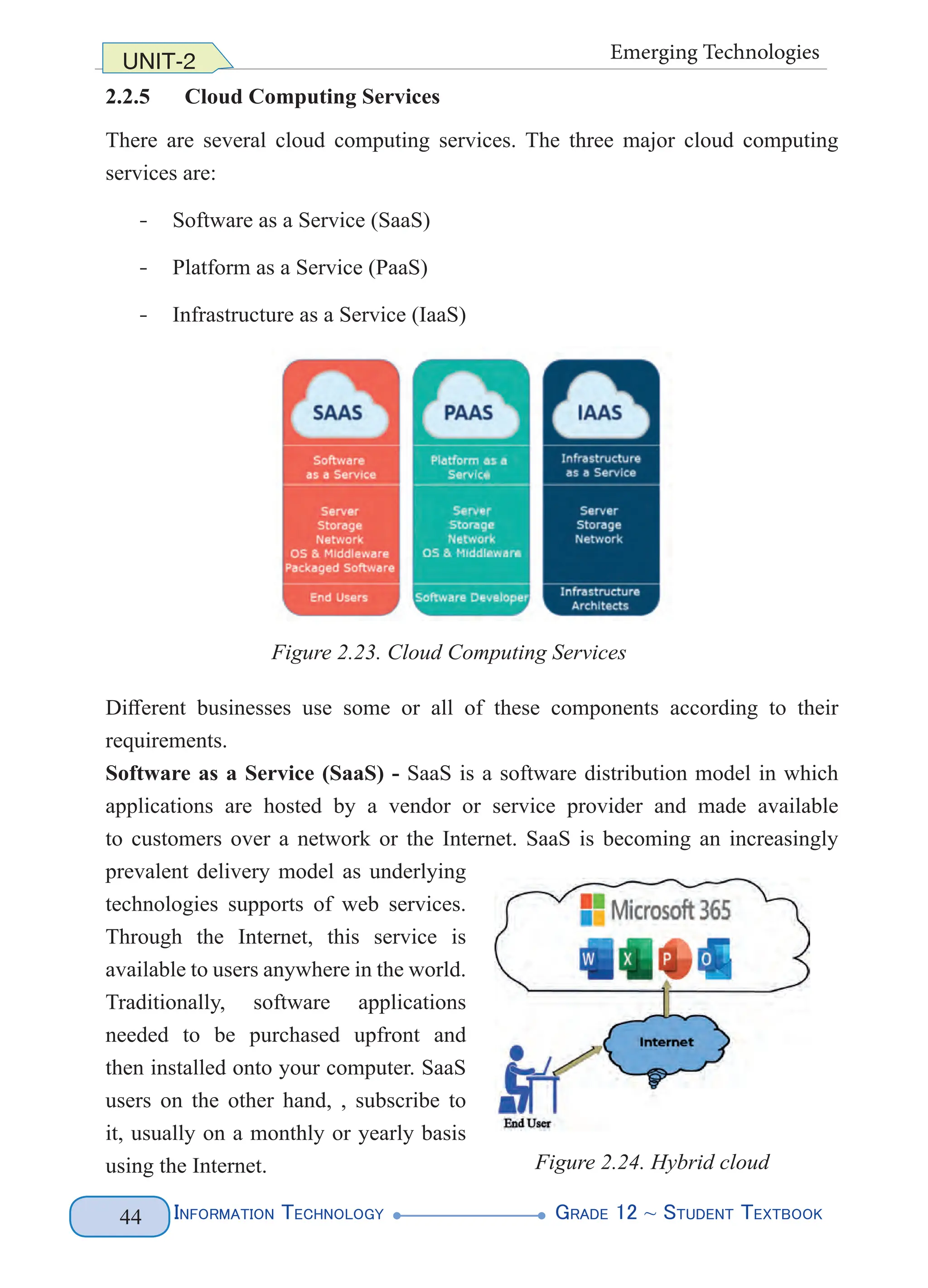 Information Technology G
rade 12 ~ Student Textbook
44
UNIT-2 Emerging Technologies
2.2.5 Cloud Computing Services
There are several cloud computing services. The three major cloud computing
services are:
- Software as a Service (SaaS)
- Platform as a Service (PaaS)
- Infrastructure as a Service (IaaS)
Figure 2.23. Cloud Computing Services
Different businesses use some or all of these components according to their
requirements.
Software as a Service (SaaS) - SaaS is a software distribution model in which
applications are hosted by a vendor or service provider and made available
to customers over a network or the Internet. SaaS is becoming an increasingly
prevalent delivery model as underlying
technologies supports of web services.
Through the Internet, this service is
available to users anywhere in the world.
Traditionally, software applications
needed to be purchased upfront and
then installed onto your computer. SaaS
users on the other hand, , subscribe to
it, usually on a monthly or yearly basis
using the Internet. Figure 2.24. Hybrid cloud
 