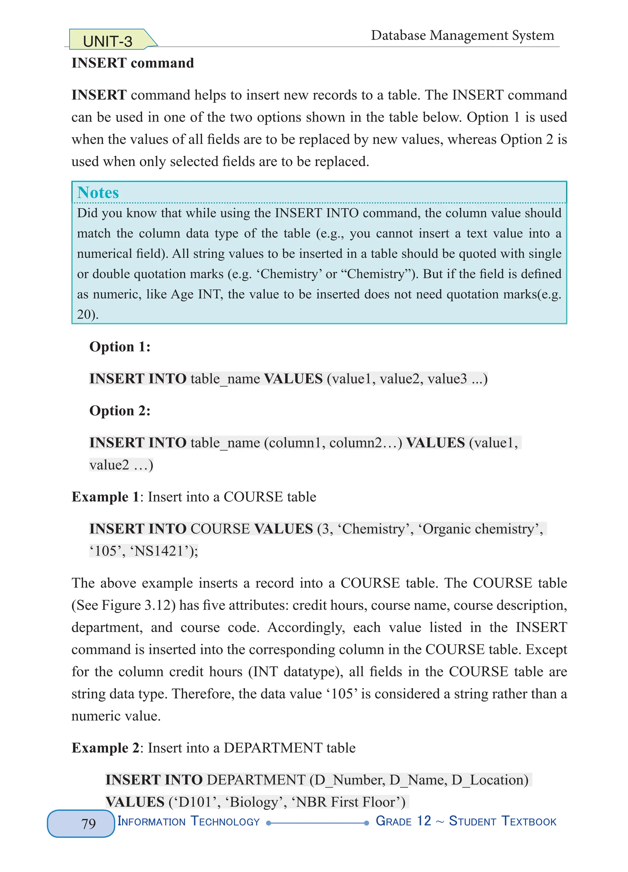 Information Technology G
rade 12 ~ Student Textbook
79
UNIT-3 Database Management System
INSERT command
INSERT command helps to insert new records to a table. The INSERT command
can be used in one of the two options shown in the table below. Option 1 is used
when the values of all fields are to be replaced by new values, whereas Option 2 is
used when only selected fields are to be replaced.
Notes
Did you know that while using the INSERT INTO command, the column value should
match the column data type of the table (e.g., you cannot insert a text value into a
numerical field). All string values to be inserted in a table should be quoted with single
or double quotation marks (e.g. ‘Chemistry’ or “Chemistry”). But if the field is defined
as numeric, like Age INT, the value to be inserted does not need quotation marks(e.g.
20).
Option 1:
INSERT INTO table_name VALUES (value1, value2, value3 ...)
Option 2:
INSERT INTO table_name (column1, column2…) VALUES (value1,
value2 …)
Example 1: Insert into a COURSE table
INSERT INTO COURSE VALUES (3, ‘Chemistry’, ‘Organic chemistry’,
‘105’, ‘NS1421’);
The above example inserts a record into a COURSE table. The COURSE table
(See Figure 3.12) has five attributes: credit hours, course name, course description,
department, and course code. Accordingly, each value listed in the INSERT
command is inserted into the corresponding column in the COURSE table. Except
for the column credit hours (INT datatype), all fields in the COURSE table are
string data type. Therefore, the data value ‘105’ is considered a string rather than a
numeric value.
Example 2: Insert into a DEPARTMENT table
INSERT INTO DEPARTMENT (D_Number, D_Name, D_Location)
VALUES (‘D101’, ‘Biology’, ‘NBR First Floor’)
 