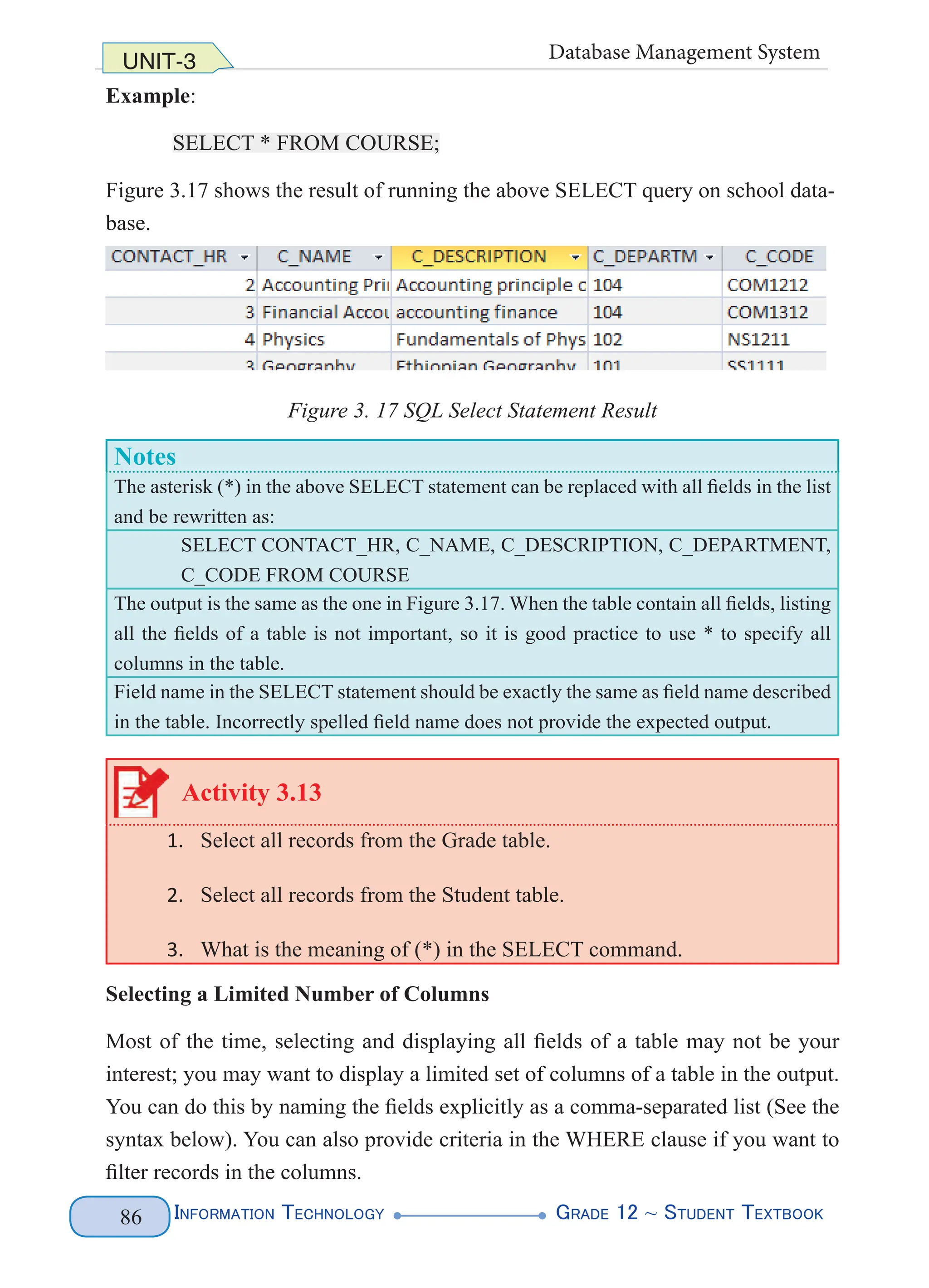 Information Technology G
rade 12 ~ Student Textbook
86
UNIT-3 Database Management System
Example:
SELECT * FROM COURSE;
Figure 3.17 shows the result of running the above SELECT query on school data-
base.
Figure 3. 17 SQL Select Statement Result
Notes
The asterisk (*) in the above SELECT statement can be replaced with all fields in the list
and be rewritten as:
SELECT CONTACT_HR, C_NAME, C_DESCRIPTION, C_DEPARTMENT,
C_CODE FROM COURSE
The output is the same as the one in Figure 3.17. When the table contain all fields, listing
all the fields of a table is not important, so it is good practice to use * to specify all
columns in the table.
Field name in the SELECT statement should be exactly the same as field name described
in the table. Incorrectly spelled field name does not provide the expected output.
Activity 3.13
1. Select all records from the Grade table.
2. Select all records from the Student table.
3. What is the meaning of (*) in the SELECT command.
Selecting a Limited Number of Columns
Most of the time, selecting and displaying all fields of a table may not be your
interest; you may want to display a limited set of columns of a table in the output.
You can do this by naming the fields explicitly as a comma-separated list (See the
syntax below). You can also provide criteria in the WHERE clause if you want to
filter records in the columns.
 