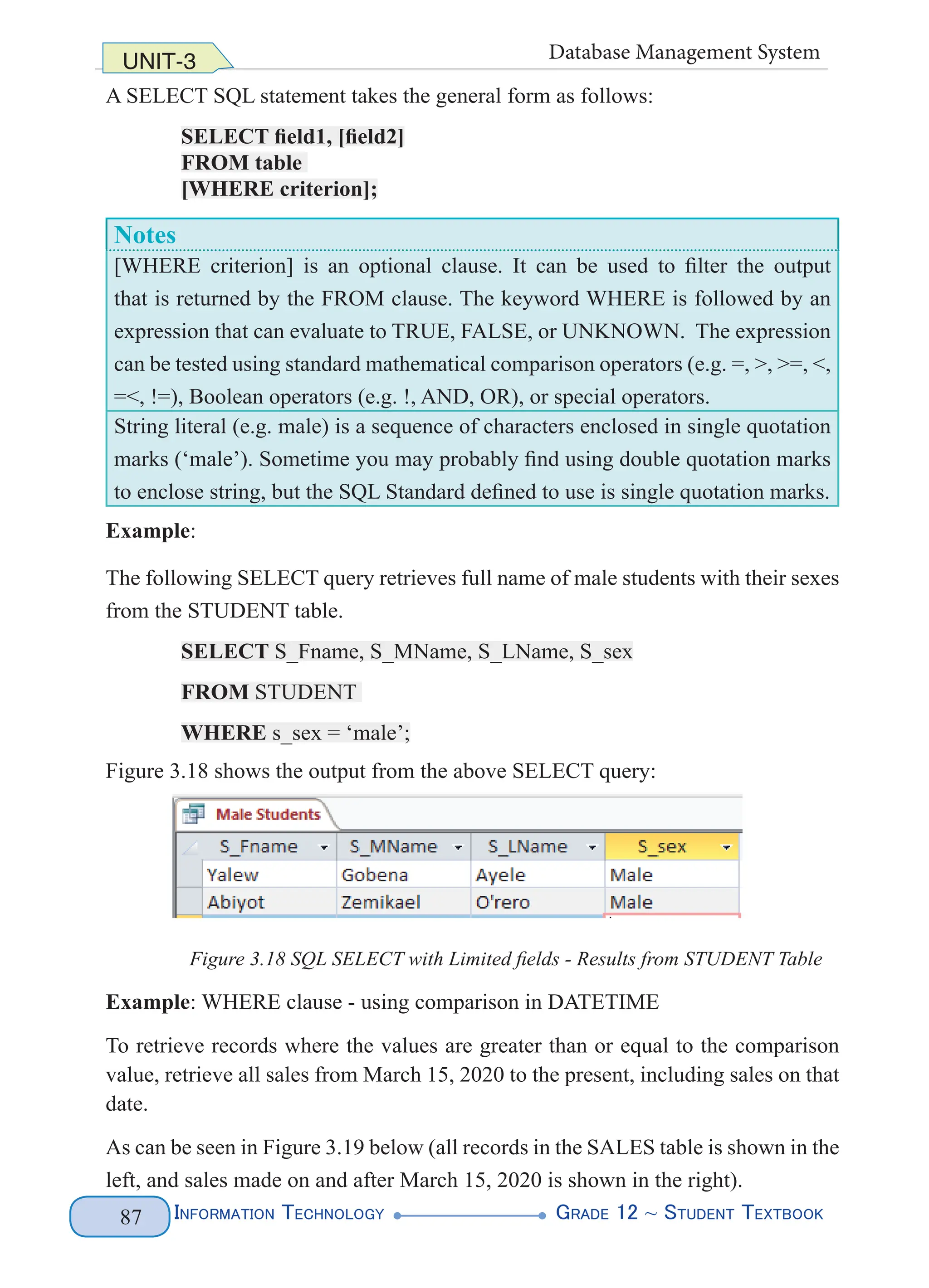 Information Technology G
rade 12 ~ Student Textbook
87
UNIT-3 Database Management System
A SELECT SQL statement takes the general form as follows:
SELECT field1, [field2]
FROM table
[WHERE criterion];
Notes
[WHERE criterion] is an optional clause. It can be used to filter the output
that is returned by the FROM clause. The keyword WHERE is followed by an
expression that can evaluate to TRUE, FALSE, or UNKNOWN. The expression
can be tested using standard mathematical comparison operators (e.g. =, >, >=, <,
=<, !=), Boolean operators (e.g. !, AND, OR), or special operators.
String literal (e.g. male) is a sequence of characters enclosed in single quotation
marks (‘male’). Sometime you may probably find using double quotation marks
to enclose string, but the SQL Standard defined to use is single quotation marks.
Example:
The following SELECT query retrieves full name of male students with their sexes
from the STUDENT table.
SELECT S_Fname, S_MName, S_LName, S_sex
FROM STUDENT
WHERE s_sex = ‘male’;
Figure 3.18 shows the output from the above SELECT query:
Figure 3.18 SQL SELECT with Limited fields - Results from STUDENT Table
Example: WHERE clause - using comparison in DATETIME
To retrieve records where the values are greater than or equal to the comparison
value, retrieve all sales from March 15, 2020 to the present, including sales on that
date.
As can be seen in Figure 3.19 below (all records in the SALES table is shown in the
left, and sales made on and after March 15, 2020 is shown in the right).
 