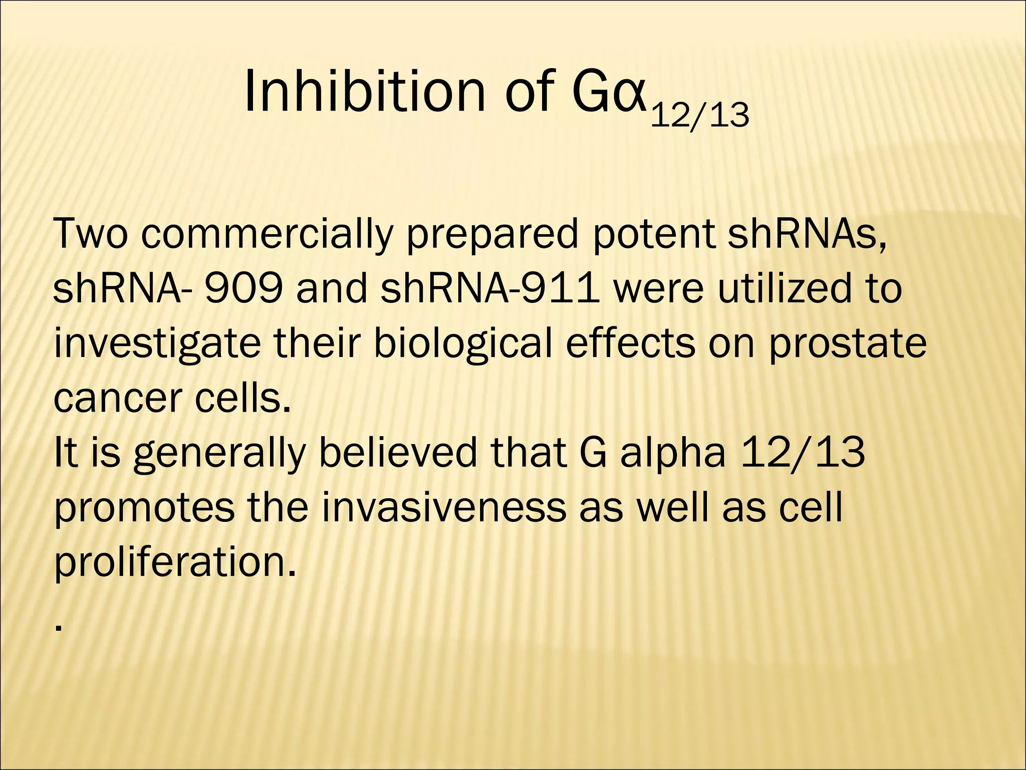 Two commercially prepared potent shRNAs,
shRNA- 909 and shRNA-911 were utilized to
investigate their biological effects on prostate
cancer cells.
It is generally believed that G alpha 12/13
promotes the invasiveness as well as cell
proliferation.
.
Inhibition of Gα12/13
 