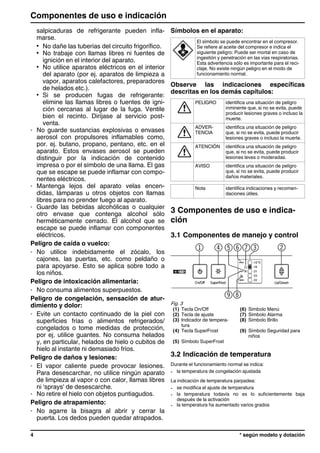 salpicaduras de refrigerante pueden infla-
marse.
• No dañe las tuberías del circuito frigorífico.
• No trabaje con llamas libres ni fuentes de
ignición en el interior del aparato.
• No utilice aparatos eléctricos en el interior
del aparato (por ej. aparatos de limpieza a
vapor, aparatos calefactores, preparadores
de helados etc.).
• Si se producen fugas de refrigerante:
elimine las llamas libres o fuentes de igni-
ción cercanas al lugar de la fuga. Ventile
bien el recinto. Diríjase al servicio post-
venta.
- No guarde sustancias explosivas o envases
aerosol con propulsores inflamables como,
por. ej. butano, propano, pentano, etc. en el
aparato. Estos envases aerosol se pueden
distinguir por la indicación de contenido
impresa o por el símbolo de una llama. El gas
que se escape se puede inflamar con compo-
nentes eléctricos.
- Mantenga lejos del aparato velas encen-
didas, lámparas u otros objetos con llamas
libres para no prender fuego al aparato.
- Guarde las bebidas alcohólicas o cualquier
otro envase que contenga alcohol sólo
herméticamente cerrado. El alcohol que se
escape se puede inflamar con componentes
eléctricos.
Peligro de caída o vuelco:
- No utilice indebidamente el zócalo, los
cajones, las puertas, etc. como peldaño o
para apoyarse. Esto se aplica sobre todo a
los niños.
Peligro de intoxicación alimentaria:
- No consuma alimentos superpuestos.
Peligro de congelación, sensación de atur-
dimiento y dolor:
- Evite un contacto continuado de la piel con
superficies frías o alimentos refrigerados/
congelados o tome medidas de protección,
por ej. utilice guantes. No consuma helados
y, en particular, helados de hielo o cubitos de
hielo al instante ni demasiado fríos.
Peligro de daños y lesiones:
- El vapor caliente puede provocar lesiones.
Para desescarchar, no utilice ningún aparato
de limpieza al vapor o con calor, llamas libres
ni 'sprays' de desescarche.
- No retire el hielo con objetos puntiagudos.
Peligro de atrapamiento:
- No agarre la bisagra al abrir y cerrar la
puerta. Los dedos pueden quedar atrapados.
Símbolos en el aparato:
El símbolo se puede encontrar en el compresor.
Se refiere al aceite del compresor e indica el
siguiente peligro: Puede ser mortal en caso de
ingestión y penetración en las vías respiratorias.
Esta advertencia sólo es importante para el reci-
claje. No existe ningún peligro en el modo de
funcionamiento normal.
Observe las indicaciones específicas
descritas en los demás capítulos:
PELIGRO identifica una situación de peligro
inminente que, si no se evita, puede
producir lesiones graves o incluso la
muerte.
ADVER-
TENCIA
identifica una situación de peligro
que, si no se evita, puede producir
lesiones graves o incluso la muerte.
ATENCIÓN identifica una situación de peligro
que, si no se evita, puede producir
lesiones leves o moderadas.
AVISO identifica una situación de peligro
que, si no se evita, puede producir
daños materiales.
Nota identifica indicaciones y recomen-
daciones útiles.
3 Componentes de uso e indica-
ción
3.1 Componentes de manejo y control
Fig. 3
(1) Tecla On/Off (6) Símbolo Menú
(2) Tecla de ajuste (7) Símbolo Alarma
(3) Indicador de tempera-
tura
(8) Símbolo Brillo
(4) Tecla SuperFrost (9) Símbolo Seguridad para
niños
(5) Símbolo SuperFrost
3.2 Indicación de temperatura
Durante el funcionamiento normal se indica:
- la temperatura de congelación ajustada
La indicación de temperatura parpadea:
- se modifica el ajuste de temperatura
- la temperatura todavía no es lo suficientemente baja
después de la activación
- la temperatura ha aumentado varios grados
Componentes de uso e indicación
4 * según modelo y dotación
 