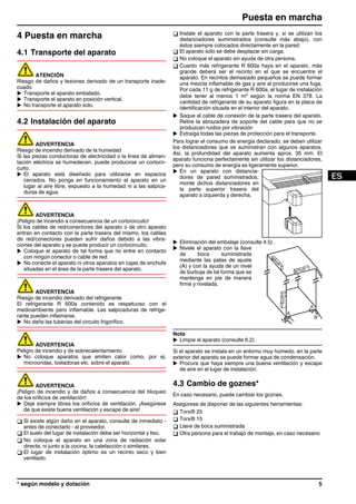 4 Puesta en marcha
4.1 Transporte del aparato
ATENCIÓN
Riesgo de daños y lesiones derivado de un transporte inade-
cuado
u Transporte el aparato embalado.
u Transporte el aparato en posición vertical.
u No transporte el aparato solo.
4.2 Instalación del aparato
ADVERTENCIA
Riesgo de incendio derivado de la humedad
Si las piezas conductoras de electricidad o la línea de alimen-
tación eléctrica se humedecen, puede producirse un cortocir-
cuito.
u El aparato está diseñado para utilizarse en espacios
cerrados. No ponga en funcionamiento el aparato en un
lugar al aire libre, expuesto a la humedad ni a las salpica-
duras de agua.
ADVERTENCIA
¡Peligro de incendio a consecuencia de un cortocircuito!
Si los cables de red/conectores del aparato o de otro aparato
entran en contacto con la parte trasera del mismo, los cables
de red/conectores pueden sufrir daños debido a las vibra-
ciones del aparato y se puede producir un cortocircuito.
u Coloque el aparato de tal forma que no entre en contacto
con ningún conector o cable de red.
u No conecte el aparato ni otros aparatos en cajas de enchufe
situadas en el área de la parte trasera del aparato.
ADVERTENCIA
Riesgo de incendio derivado del refrigerante
El refrigerante R 600a contenido es respetuoso con el
medioambiente pero inflamable. Las salpicaduras de refrige-
rante pueden inflamarse.
u No dañe las tuberías del circuito frigorífico.
ADVERTENCIA
Peligro de incendio y de sobrecalentamiento
u No coloque aparatos que emiten calor como, por ej.
microondas, tostadoras etc. sobre el aparato.
ADVERTENCIA
¡Peligro de incendio y de daños a consecuencia del bloqueo
de los orificios de ventilación!
u Deje siempre libres los orificios de ventilación. ¡Asegúrese
de que existe buena ventilación y escape de aire!
q Si existe algún daño en el aparato, consulte de inmediato -
antes de conectarlo - al proveedor.
q El suelo del lugar de instalación debe ser horizontal y liso.
q No coloque el aparato en una zona de radiación solar
directa, ni junto a la cocina, la calefacción o similares.
q El lugar de instalación óptimo es un recinto seco y bien
ventilado.
q Instale el aparato con la parte trasera y, si se utilizan los
distanciadores suministrados (consulte más abajo), con
éstos siempre colocados directamente en la pared.
q El aparato sólo se debe desplazar sin carga.
q No coloque el aparato sin ayuda de otra persona.
q Cuanto más refrigerante R 600a haya en el aparato, más
grande deberá ser el recinto en el que se encuentre el
aparato. En recintos demasiado pequeños se puede formar
una mezcla inflamable de gas y aire al producirse una fuga.
Por cada 11 g de refrigerante R 600a, el lugar de instalación
debe tener al menos 1 m3
según la norma EN 378. La
cantidad de refrigerante de su aparato figura en la placa de
identificación situada en el interior del aparato.
u Saque el cable de conexión de la parte trasera del aparato.
Retire la abrazadera de soporte del cable para que no se
produzcan ruidos por vibración
u Extraiga todas las piezas de protección para el transporte.
Para lograr el consumo de energía declarado, se deben utilizar
los distanciadores que se suministran con algunos aparatos.
Así, la profundidad del aparato aumenta aprox. 35 mm. El
aparato funciona perfectamente sin utilizar los distanciadores,
pero su consumo de energía es ligeramente superior.
u En un aparato con distancia-
dores de pared suministrados,
monte dichos distanciadores en
la parte superior trasera del
aparato a izquierda y derecha.
u Eliminación del embalaje (consulte 4.5) .
u Nivele el aparato con la llave
de boca suministrada
mediante las patas de ajuste
(A) y con la ayuda de un nivel
de burbuja de tal forma que se
mantenga en pie de manera
firme y nivelada.
Nota
u Limpie el aparato (consulte 6.2) .
Si el aparato se instala en un entorno muy húmedo, en la parte
exterior del aparato se puede formar agua de condensación.
u Procure que haya siempre una buena ventilación y escape
de aire en el lugar de instalación.
4.3 Cambio de goznes*
En caso necesario, puede cambiar los goznes.
Asegúrese de disponer de las siguientes herramientas:
q Torx® 25
q Torx® 15
q Llave de boca suministrada
q Otra persona para el trabajo de montaje, en caso necesario
Puesta en marcha
* según modelo y dotación 5
 