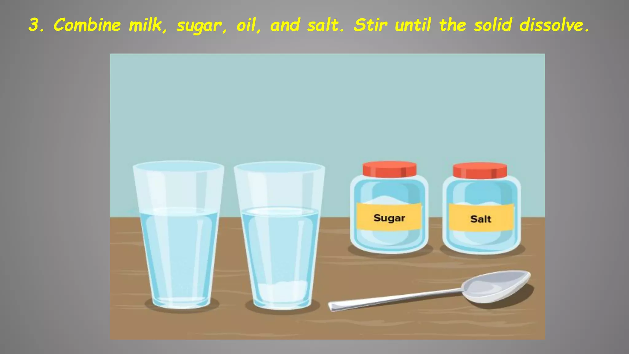 3. Combine milk, sugar, oil, and salt. Stir until the solid dissolve.
 