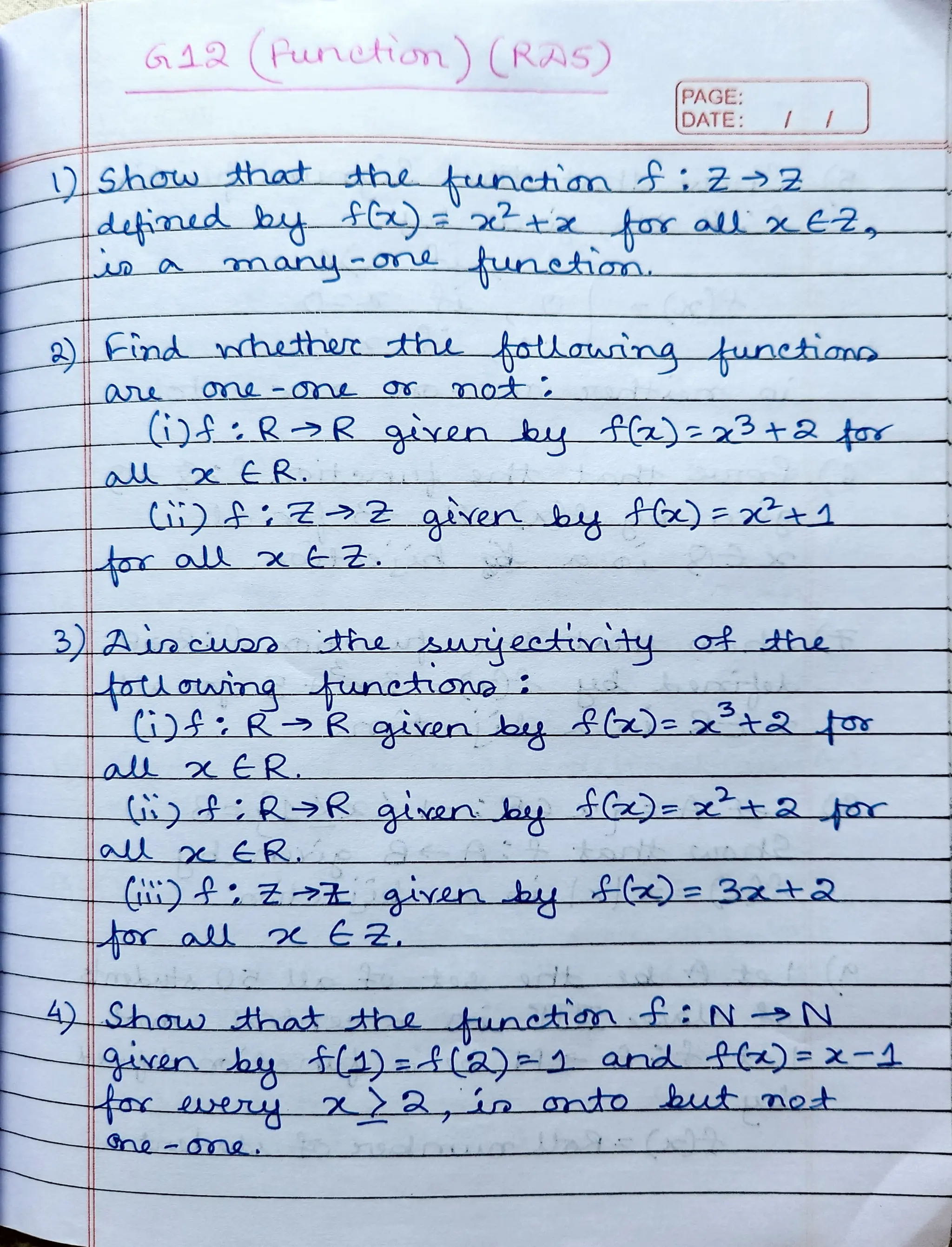 CBSE Grade 12 Mathematics Ch 2 Functions Worksheet (RDS)