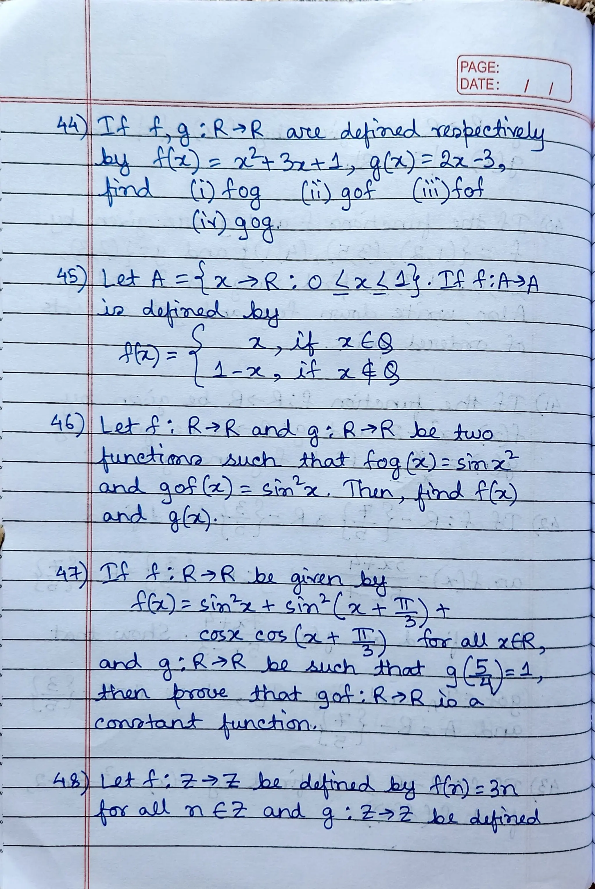 CBSE Grade 12 Mathematics Ch 2 Functions Worksheet (RDS)