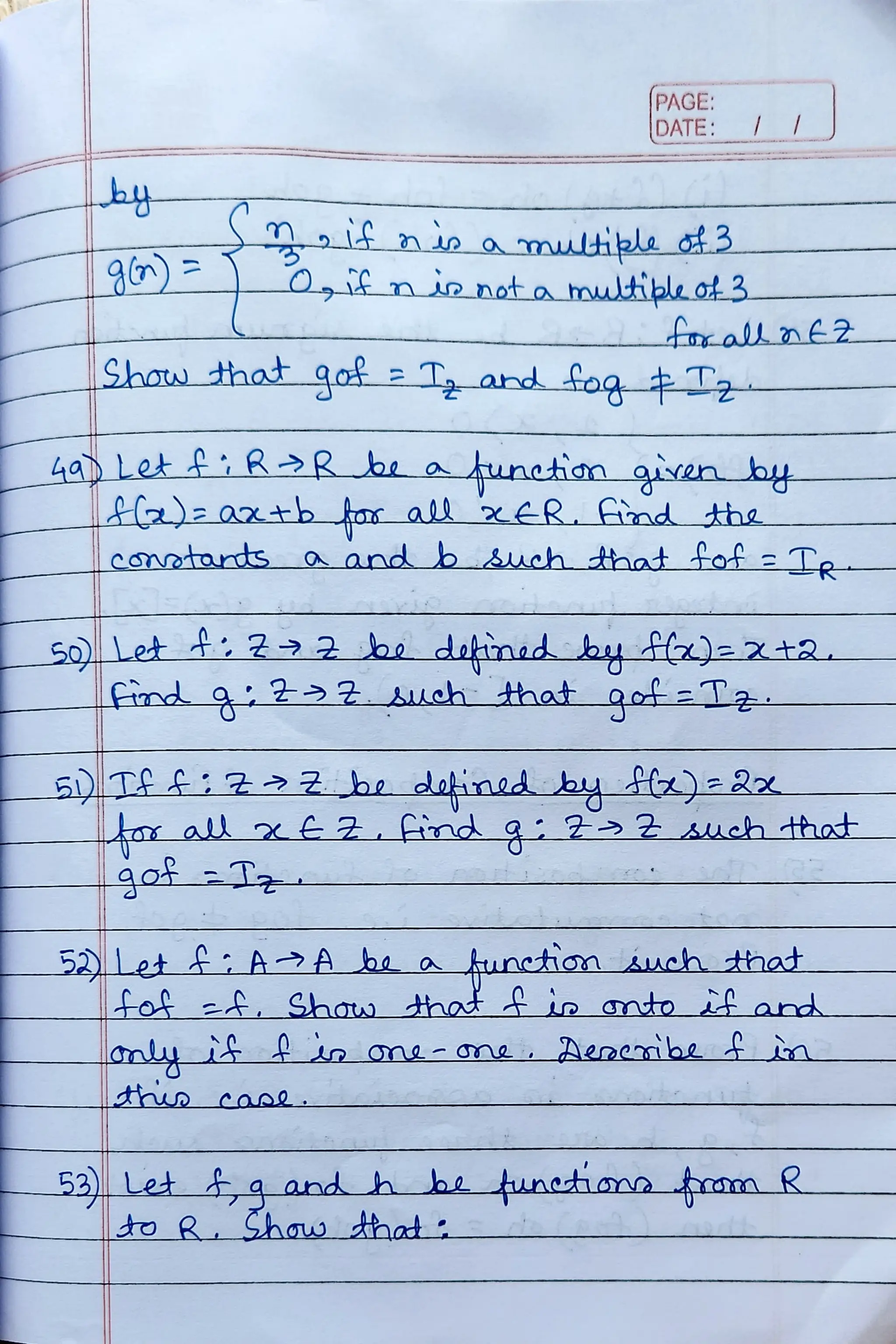CBSE Grade 12 Mathematics Ch 2 Functions Worksheet (RDS)