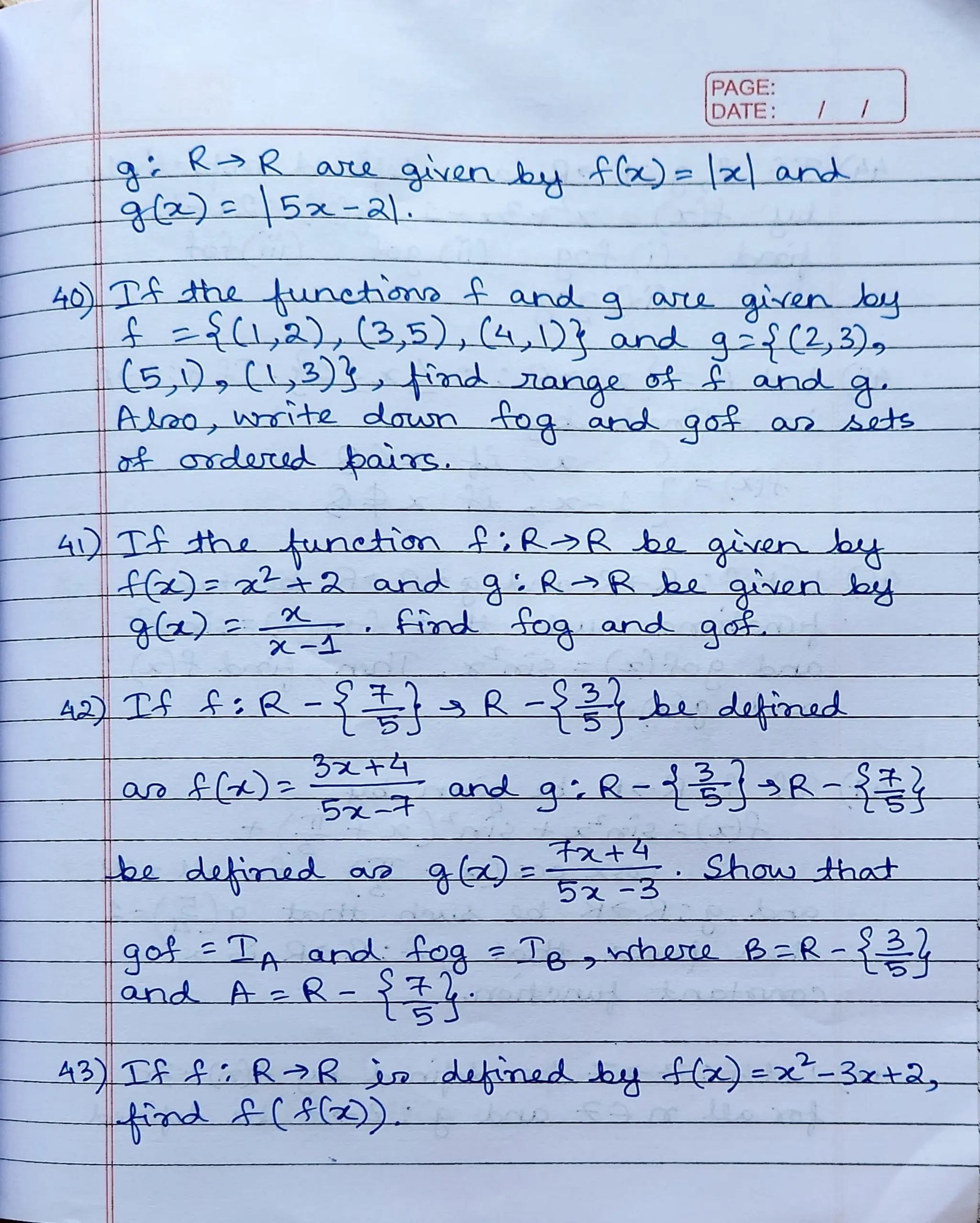 CBSE Grade 12 Mathematics Ch 2 Functions Worksheet (RDS)