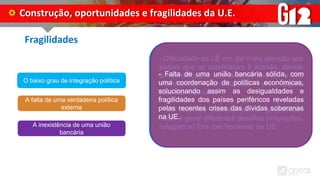 Fragilidades
Construção, oportunidades e fragilidades da U.E.
O baixo grau de integração política
A falta de uma verdadeira política
externa
A inexistência de uma união
bancária
- A união tem pouco poder nos processos de
eleição de governos nacionais dos vários estados
membros.
- As decisões tomadas a nível europeu derivam de
negociações entre um grande número de governos
nacionais sem a intervenção dos eleitores.
- O processo de decisão e eleição da Comissão
Europeia é pouco transparente para o cidadão
comum.
- Dificuldade da UE em dar mais atenção aos
países que se candidatam à adesão, devido
à intensificação das tensões sociais, e dos
movimentos nacionalistas em alguns
Estados-membros.
- Os recentes acontecimentos geopolíticos
estão a gerar diferentes desafios (migrações,
refugiados) fora das fronteiras da UE.
- Falta de uma união bancária sólida, com
uma coordenação de políticas económicas,
solucionando assim as desigualdades e
fragilidades dos países periféricos reveladas
pelas recentes crises das dívidas soberanas
na UE.
 