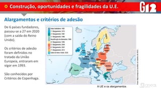 Alargamentos e critérios de adesão
De 6 países fundadores,
passou-se a 27 em 2020
(com a saída do Reino
Unido).
Os critérios de adesão
foram definidos no
tratado da União
Europeia, entraram em
vigor em 1993.
São conhecidos por
Critérios de Copenhaga.
Construção, oportunidades e fragilidades da U.E.
A UE e os alargamentos
 