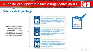Critérios de Copenhaga
Construção, oportunidades e fragilidades da U.E.
Instituições estáveis que garantam
a democracia, o respeito pelos
direitos humanos e a proteção da
minorias.
Uma economia de mercado viável
e capacidade de fazer face à
pressão concorrencial e às forças
de mercado da UE.
Capacidade para assumir as
obrigações e objetivos decorrentes
da adesão, aplicando a legislação
(o acervo) da UE.
De acordo com este
tratado, pode-se
candidatar (e ver a
candidatura avaliada)
um país que possua:
Ver aqui
candidatos
 