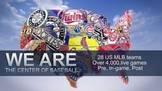 28 US MLB teams 
Over 4,000 live games 
Pre, In-game, Post 
 