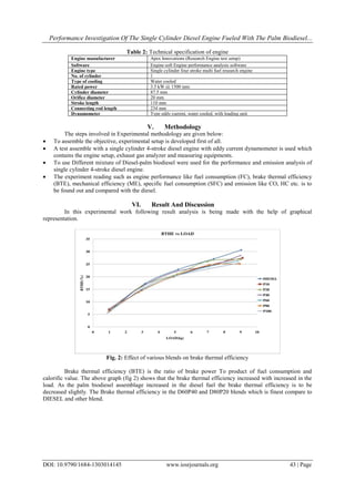 Performance Investigation Of The Single Cylinder Diesel Engine Fueled With The Palm Biodiesel...
DOI: 10.9790/1684-1303014145 www.iosrjournals.org 43 | Page
Table 2: Technical specification of engine
Engine manufacturer Apex Innovations (Research Engine test setup)
Software Engine soft Engine performance analysis software
Engine type Single cylinder four stroke multi fuel research engine
No. of cylinder 1
Type of cooling Water cooled
Rated power 3.5 kW @ 1500 rpm
Cylinder diameter 87.5 mm
Orifice diameter 20 mm
Stroke length 110 mm
Connecting rod length 234 mm
Dynamometer Type eddy current, water cooled, with loading unit
V. Methodology
The steps involved in Experimental methodology are given below:
 To assemble the objective, experimental setup is developed first of all.
 A test assemble with a single cylinder 4-stroke diesel engine with eddy current dynamometer is used which
contains the engine setup, exhaust gas analyzer and measuring equipments.
 To use Different mixture of Diesel-palm biodiesel were used for the performance and emission analysis of
single cylinder 4-stroke diesel engine.
 The experiment reading such as engine performance like fuel consumption (FC), brake thermal efficiency
(BTE), mechanical efficiency (ME), specific fuel consumption (SFC) and emission like CO, HC etc. is to
be found out and compared with the diesel.
VI. Result And Discussion
In this experimental work following result analysis is being made with the help of graphical
representation.
Fig. 2: Effect of various blends on brake thermal efficiency
Brake thermal efficiency (BTE) is the ratio of brake power To product of fuel consumption and
calorific value. The above graph (fig 2) shows that the brake thermal efficiency increased with increased in the
load. As the palm biodiesel assemblage increased in the diesel fuel the brake thermal efficiency is to be
decreased slightly. The Brake thermal efficiency in the D60P40 and D80P20 blends which is finest compare to
DIESEL and other blend.
 