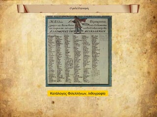 Ο φιλελληνισμός
Κατάλογος Φιλελλήνων, λιθογραφία
 