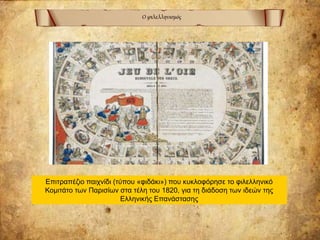Ο φιλελληνισμός
Επιτραπέζιο παιχνίδι (τύπου «φιδάκι») που κυκλοφόρησε το φιλελληνικό
Κομιτάτο των Παρισίων στα τέλη του 1820, για τη διάδοση των ιδεών της
Ελληνικής Επανάστασης
 