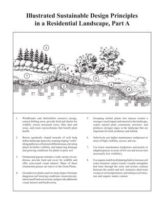 Illustrated Sustainable Design Principles
             in a Residential Landscape, Part A


                            1




                                            3

         7
                                                                       5
                       8
                                              2                                       6
                                                                                                        4




1.	   Windbreaks and shelterbelts conserve energy,             5.	   Grouping similar plants into masses creates a
      control drifting snow, provide food and shelter for            stronger­visual impact and interest in the landscape,
      wild­ ife, screen unwanted views, filter dust and
          l                                                          copies natural plant community structure, and
      noise, and create microclimates that benefit plant             produces stronger edges in the landscape that are
      health.                                                        important for both aesthetics and habitat.

2.	   Berms (gradually sloped mounds of soil) help             6.	   Selectively use higher maintenance turfgrasses in
      define­landscape spaces by creating sloping “walls”            areas of high visibility, access, and use.
      along pathways or between different areas, elevating
      plants for better visibility, and improving drainage     7.	   Use lower maintenance turfgrasses and prairie or
      and growing conditions for plants in poor soil.                adapted grasses in areas of low use and access (not
                                                                     necessarily low visibility).
3.	   Ornamental grasses tolerate a wide variety of con­
      ditions, provide food and cover for wildlife and         8.	   Use organic mulch in all planting beds to increase soil
      offer year-round visual interest. Many of these                water retention, reduce weeds, visually strengthen
      ornamental grasses are native to the Great Plains.             bed lines through the color and texture contrast
                                                                     between the mulch and turf, minimize short-term
4.	   Groundcover plants used on steep slopes eliminate              swings in soil temperatures, and enhance soil struc­
      dangerous turf mowing conditions, lessen precipi­              ture and organic matter content.
      tation runoff and soil erosion, and provide additional
      visual interest and biodiversity.
 