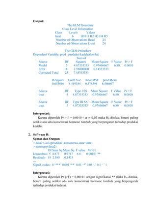 Output:
The GLM Procedure
Class Level Information
Class Levels Values
treat 6 H0 H1 H2 H3 H4 H5
Number of Observations Read 24
Number of Observations Used 24
The GLM Procedure
Dependent Variable: prod produksi kedelai(kw/ha)
Sum of
Source DF Squares Mean Square F Value Pr > F
Model 5 4.87333333 0.97466667 6.80 0.0010
Error 18 2.58000000 0.14333333
Corrected Total 23 7.45333333
R-Square Coeff Var Root MSE prod Mean
0.653846 4.419384 0.378594 8.566667
Source DF Type I SS Mean Square F Value Pr > F
treat 5 4.87333333 0.97466667 6.80 0.0010
Source DF Type III SS Mean Square F Value Pr > F
treat 5 4.87333333 0.97466667 6.80 0.0010
Interpretasi:
Karena diperoleh Pr > F = 0,0010 < 𝛼 = 0,05 maka H0 ditolak, berarti paling
sedikit ada satu konsentrasi hormone tumbuh yang berpengaruh terhadap produksi
kedelai.
2. Softwrae R:
Syntax dan Output:
> data2<-aov(produksi~konsentrasi,data=data)
> summary(data2)
Df Sum Sq Mean Sq F value Pr(>F)
konsentrasi 5 4.873 0.9747 6.8 0.00101 **
Residuals 18 2.580 0.1433
---
Signif. codes: 0 ‘***’ 0.001 ‘**’ 0.01 ‘*’ 0.05 ‘.’ 0.1 ‘ ’ 1
Interpretasi:
Karena diperoleh Pr (>F) = 0,00101 dengan signifikansi ** maka H0 ditolak,
berarti paling sedikit ada satu konsentrasi hormone tumbuh yang berpengaruh
terhadap produksi kedelai.
 