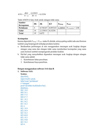 0,15256
620
135833,2





aN
JKG
KTG
Tabel ANOVA Satu Arah untuk ulangan tidak sama
Sumber
Keragaman
Db JK KT Fhitung Ftabel
Perlakuan 5 4,736167 0,947233 6,208943 F5;14;(0,05) = 2,96
Galat 14 2,135833 0,15256
Total 19 6,872
Kesimpulan
Karena diperoleh Fhitung > Ftabel maka H0 ditolak, artinya paling sedikit ada satu Hormon
tumbuh yang berpengaruh terhadap produksi kedelai.
a. Berdasarkan perhitungan di atas menggunakan rancangan acak lengkap dengan
ulangan yang sama dan ulangan tidak sama memberikan kesimpulan yang sama
yaitu hormon tumbuh mempengaruhi produksi kedelai.
b. Hal-hal yang menyebabkan digunakan rancangan acak lengkap dengan ulangan
tidak sama adalah
1. Keterbatasan lahan percobaan.
2. Keterbatasan biaya penelitian.
Dengan menggunakan software SAS dan R
1. Software SAS:
Syntax:
data RAL;
input treat$ r prod;
label treat='perlakuan'
r='ulangan'
prod='produksi kedelai(kw/ha)';
datalines;
H0 1 8.0
H0 2 8.1
H0 3 7.5
H0 4 7.7
H1 1 8.3
H1 2 8.2
H1 3 8.3
H1 4 .
H2 1 8.9
H2 2 8.9
H2 3 8.3
H2 4 8.0
H3 1 9.3
H3 2 9.0
H3 3 8.2
H3 4 .
 