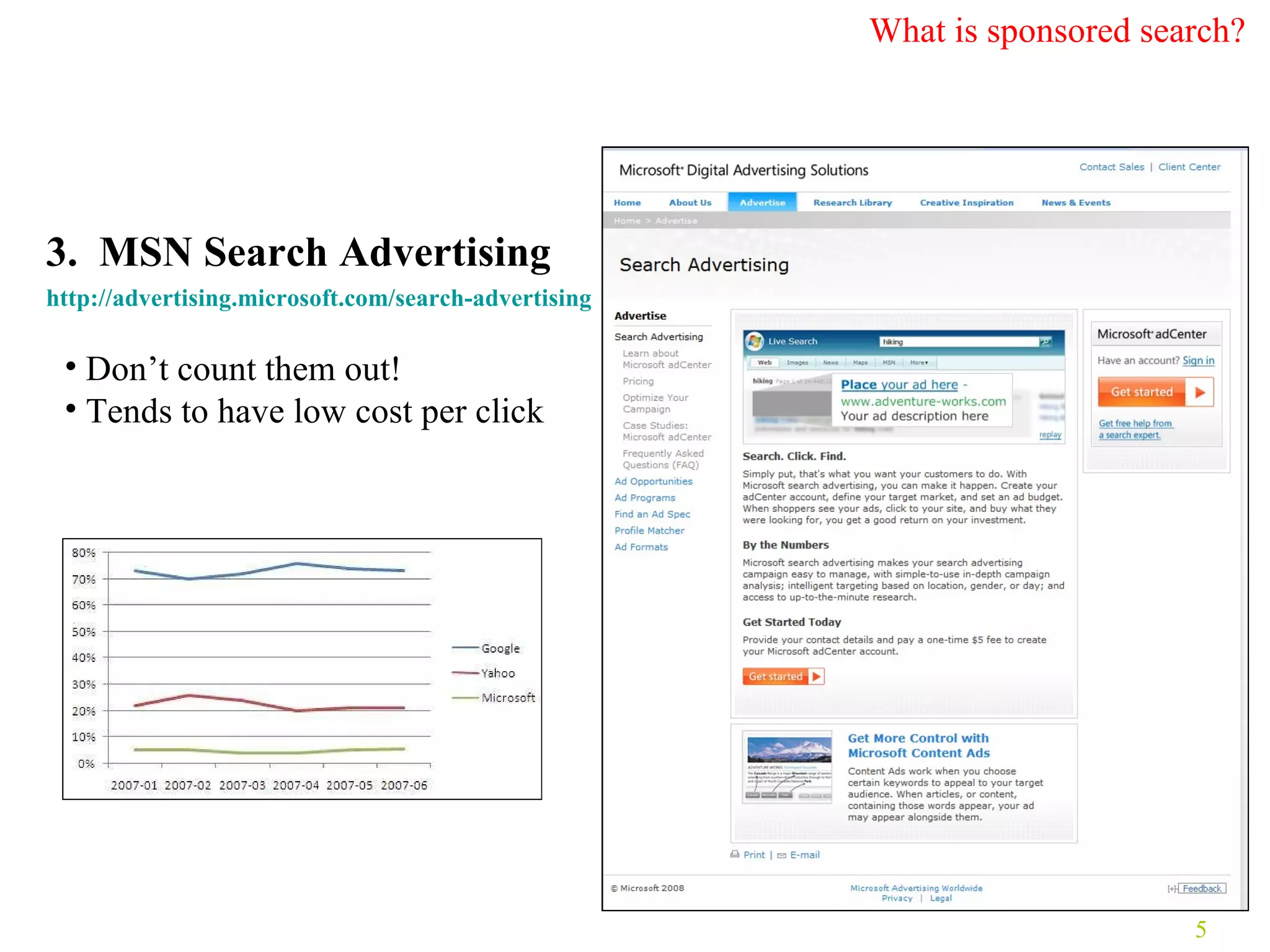 3.  MSN Search Advertising  http:// advertising.microsoft.com /search-advertising   Don’t count them out! Tends to have low cost per click What is sponsored search? 