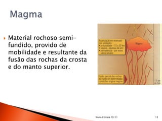    Material rochoso semi-
    fundido, provido de
    mobilidade e resultante da
    fusão das rochas da crosta
    e do manto superior.




                                 Nuno Correia 10/11   13
 