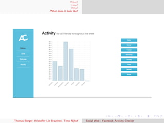 What?
How?
Who?
What does it look like?
Thomas Berger, Kristoﬀer Lie Braathen, Timo Nijhof Social Web - Facebook Activity Checker
 