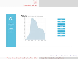 What?
How?
Who?
What does it look like?
Thomas Berger, Kristoﬀer Lie Braathen, Timo Nijhof Social Web - Facebook Activity Checker
 