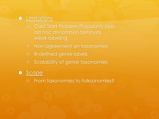 |  Limitations
{  Cold Start Problem/Popularity bias,
ad hoc annotation behavior,
weak labeling
{  Non-agreement on taxonomies
{  Ill-defined genre labels
{  Scalability of genre taxonomies
|  Scope
{  From taxonomies to folksonomies?
 
