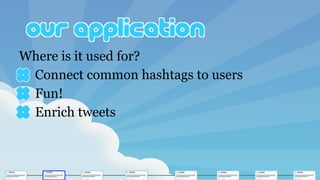 Where is it used for?
Connect common hashtags to users
Fun!
Enrich tweets
 