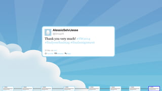 AlessioSelviJesse
@Group25
Thank you very much! #SW2014
#findyourhashtag #finalassignment
20 Mar via web
Favorite Retweet Reply
 