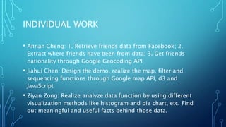 INDIVIDUAL WORK
• Annan Cheng: 1. Retrieve friends data from Facebook; 2.
Extract where friends have been from data; 3. Get friends
nationality through Google Geocoding API
• Jiahui Chen: Design the demo, realize the map, filter and
sequencing functions through Google map API, d3 and
JavaScript
• Ziyan Zong: Realize analyze data function by using different
visualization methods like histogram and pie chart, etc. Find
out meaningful and useful facts behind those data.
 