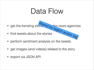 Data Flow
• get the trending stories from the news agencies
• ﬁnd tweets about the stories
• perform sentiment analysis on the tweets
• get images (and videos) related to the story
• export via JSON API
ﬁltered by region and/or tag
 