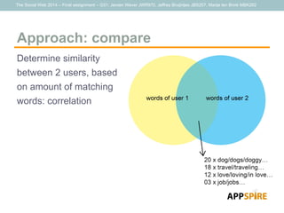 The Social Web 2014 – Final assignment – G31: Jeroen Wever JWR970, Jeffrey Bruijntjes JBS257, Marije ten Brink MBK262
Approach: compare
Determine similarity
between 2 users, based
on amount of matching
words: correlation
 