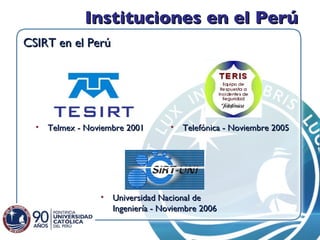 Instituciones en el Perú Telmex - Noviembre 2001 Telefónica - Noviembre 2005 Universidad Nacional de Ingeniería - Noviembre 2006 CSIRT en el Perú 