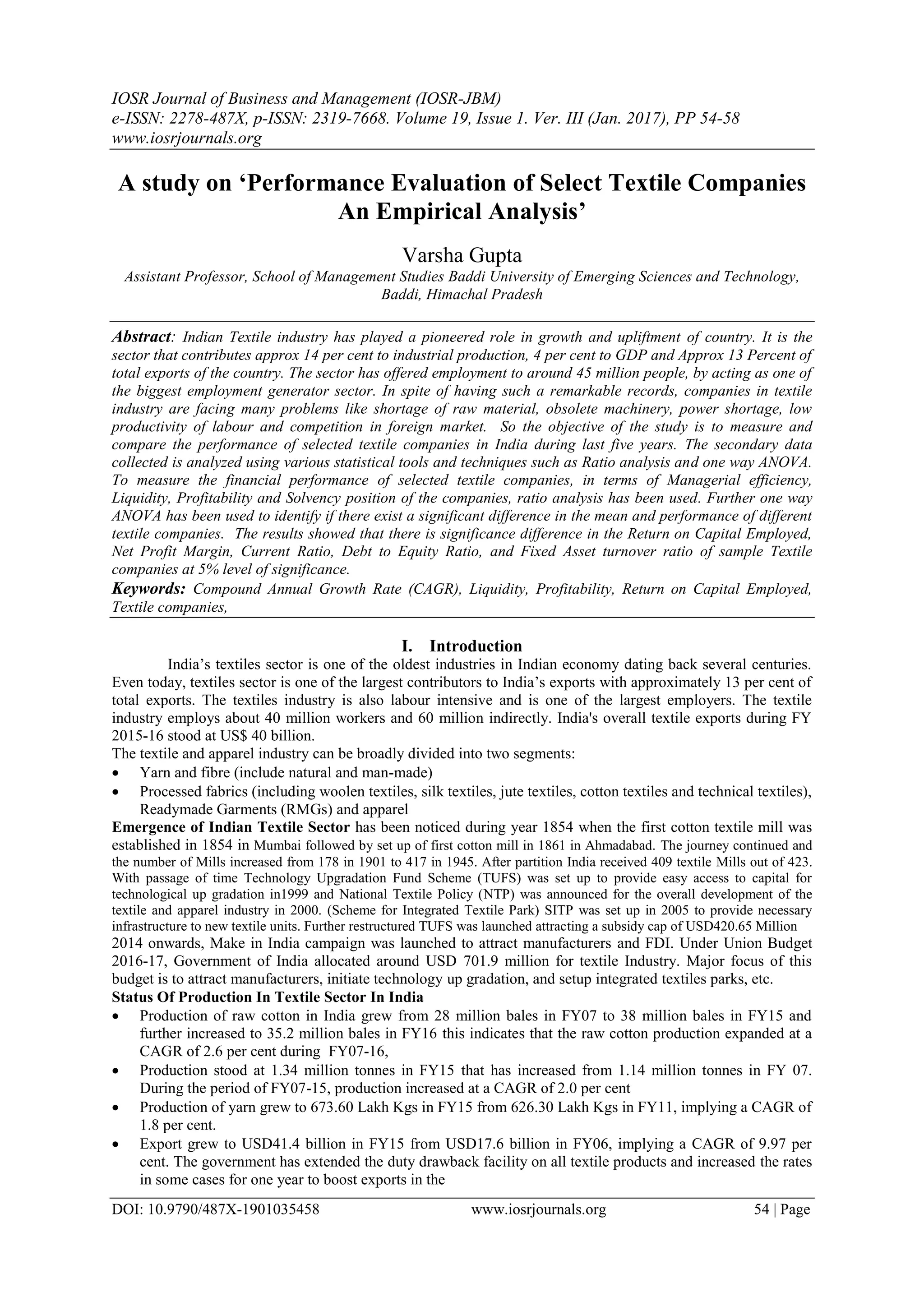 A study on ‘Performance Evaluation of Select Textile Companies An ...