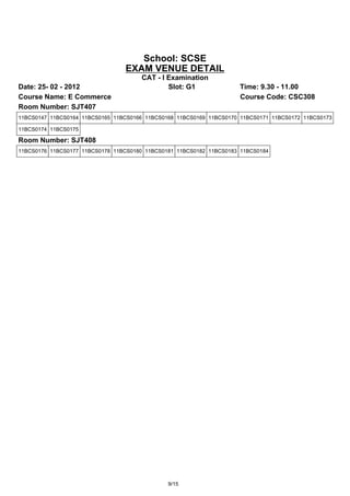 School: SCSE
                                 EXAM VENUE DETAIL
                                      CAT - I Examination
Date: 25- 02 - 2012                           Slot: G1               Time: 9.30 - 11.00
Course Name: E Commerce                                              Course Code: CSC308
Room Number: SJT407
11BCS0147 11BCS0164 11BCS0165 11BCS0166 11BCS0168 11BCS0169 11BCS0170 11BCS0171 11BCS0172 11BCS0173

11BCS0174 11BCS0175

Room Number: SJT408
11BCS0176 11BCS0177 11BCS0178 11BCS0180 11BCS0181 11BCS0182 11BCS0183 11BCS0184




                                               9/15
 