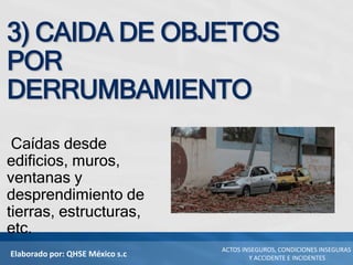 Elaborado por: QHSE México s.c
ACTOS INSEGUROS, CONDICIONES INSEGURAS
Y ACCIDENTE E INCIDENTES
3) CAIDA DE OBJETOS
POR
DERRUMBAMIENTO
Caídas desde
edificios, muros,
ventanas y
desprendimiento de
tierras, estructuras,
etc.
 