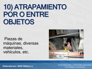 Elaborado por: QHSE México s.c
ACTOS INSEGUROS, CONDICIONES INSEGURAS
Y ACCIDENTE E INCIDENTES
10) ATRAPAMIENTO
POR O ENTRE
OBJETOS
Piezas de
máquinas, diversas
materiales,
vehículos, etc.
 