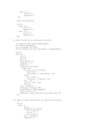 leer: h, t 
S<--h * t 
Imprimir: s 
fin 
(Para dos personas) 
inicio 
leer: h, t 
S<--h * t 
Imprimir s 
Leer: h, t 
S<--h * t 
Imprimir: s 
Fin 
9. Dado N notas de un estudiante calcular: 
a) Cuantas notas tiene desaprobados. 
b) Cuantos aprobados. 
c) El promedio de notas. 
d) El promedio de notas aprobadas y desaprobadas. 
Inicio 
Leer: N 
X<--1 
Cd<--0 
NA <-0 
acum_desap <-0 
acum_ap <- 0 
acum <- 0 
Mientras x<=N hacer 
Leer: not 
Si: not < 10.5 entonces 
CD<--cd+1 
acum_desap <- acum_desap + not 
Sino 
NA <- NA + 1 
acum_ap <- acum_ap + not 
fin _ si 
acum <- acum + not 
x<--x+1 
Fin _ mientras 
prom_ap <- acum_ap /NA 
prom_desap <- acum_desap/CD 
prom <- acum / N 
Imprimir: prom, prom_ap, prom_desap, NA, CD 
Fin 
10. Dado un numero determinar la suma de sus dígitos. 
Inicio 
Leer: n 
S<--0 
Mientras n<>0 hacer 
R<--n mod 10 
S<--s + r 
N<--n div 10 
Fin _ mientras 
Imprimir: s 
 