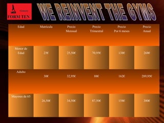 Page 8 
Edad Matrícula Precio 
Mensual 
Precio 
Trimestral 
Precio 
Por 6 meses 
Precio 
Anual 
Menor de 
Edad 25€ 25,50€ 70,95€ 138€ 268€ 
Adulto 
30€ 32,95€ 88€ 162€ 289,95€ 
Mayores de 65 
26,50€ 34,50€ 87,50€ 158€ 380€ 
 