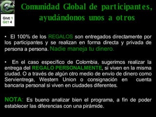 Comunidad Global de participantes, ayudándonos unos a otros El 100% de los  REGALOS  son entregados directamente por los participantes y se realizan en forma directa y privada de persona a persona.  Nadie maneja tu dinero . En el caso específico de Colombia, sugerimos realizar la entrega del  REGALO   PERSONALMENTE , si viven en la misma ciudad. O a través de algún otro medio de envío de dinero como Servientrega, Western Union o consignación en  cuenta bancaria personal si viven en ciudades diferentes. NOTA :   Es bueno analizar bien el programa, a fín de poder establecer las diferencias con una pirámide. G IVE  1   G ET   4 