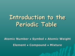 Introduction to theIntroduction to the
Periodic TablePeriodic Table
Atomic Number ● Symbol ● Atomic WeightAtomic Number ● Symbol ● Atomic Weight
Element ● Compound ● MixtureElement ● Compound ● Mixture
 