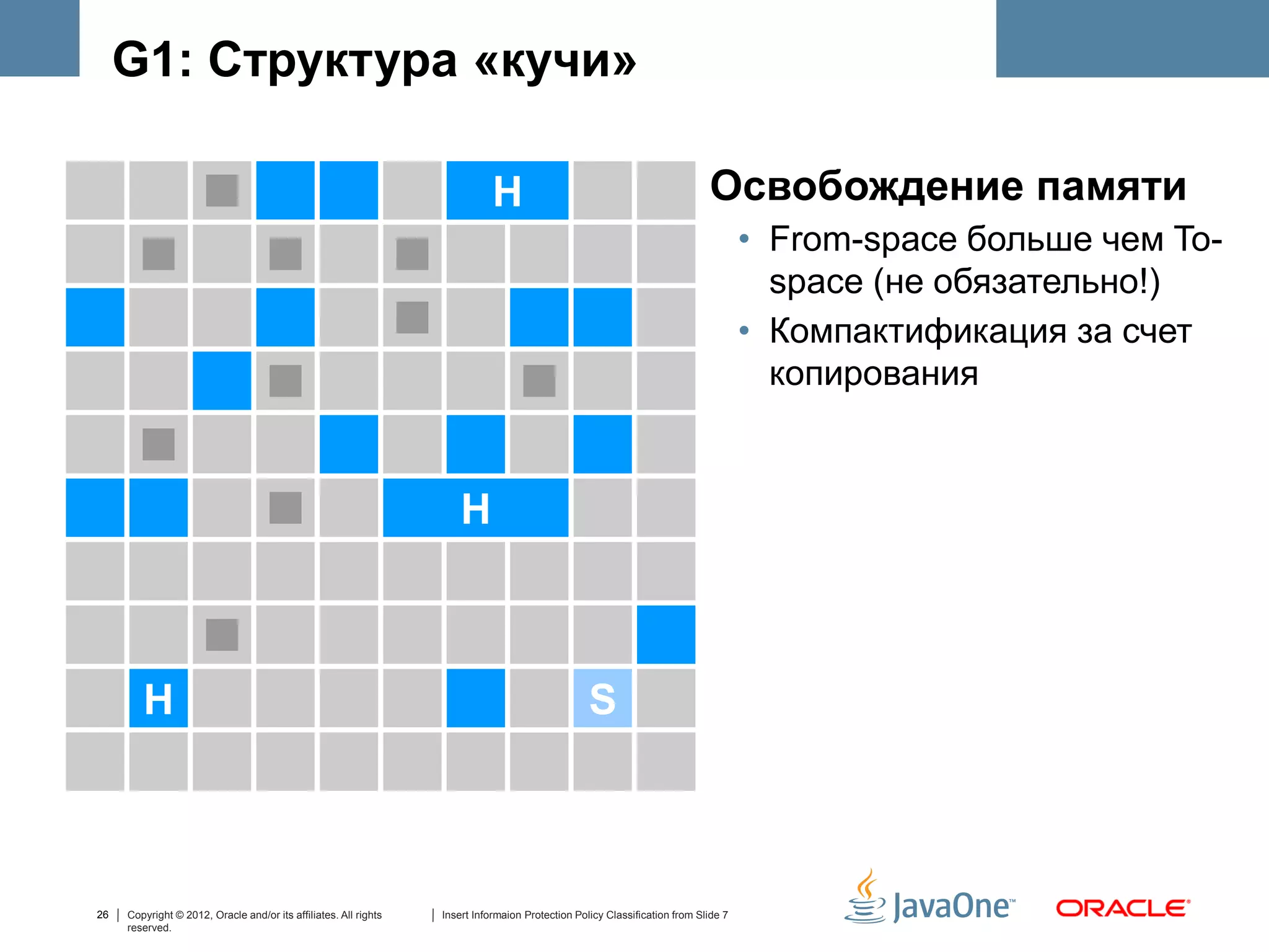 G1: Структура «кучи»

                                                                             H                                              Освобождение памяти
                                                                                                                                    • From-space больше чем To-
                                                                                                                                      space (не обязательно!)
                                                                                                                                    • Компактификация за счет
                                                                                                                                      копирования


                                                                      H



        H                                                                                         S



26   Copyright © 2012, Oracle and/or its affiliates. All rights   Insert Informaion Protection Policy Classification from Slide 7
     reserved.
 