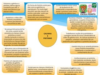 Visitamos a galinha e o
pintinho, demos água e
comidinha para eles e
então descobrimos que
adoram milho.
Em forma de história contei para
eles como as galinhas se
reproduzem. Foi muito legal
descobrir que elas nascem do
ovinho e perceber assim que
somos diferentes delas ,
observado suas características e
comparando com as nossas.
Assistimos o vídeo clipe
Pintinho amarelinho
Cantamos percebendo as
características dele.
GALINHA
E
PINTINHO
No parque brincamos de faz
de conta, usando tecido
amarelos as crianças viraram
pintinhos e a prof.
Gavião.Cantando a música e
vivenciando um pouco da vida
de bichinho as crianças tinham
que tentar escapar das garras
do gavião. Foi muito divertido!
Contei para as crianças a história da
galinha ruiva , conversamos sobre a
historia enfatizando a importância
de cooperar e ajudar o próximo.
Brincamos com os brinquedos de
galinha e pintinho que as crianças
trouxeram de casa podendo assim
de pertinho comparar e apontar as
características desses animais.
Fizemos um caça aos ovos
perdidos da galinha
pintadinha.Procuramos e
quando encontramos
contamos todos os
ovinhos juntos.
Fantasiados de galinha ruiva
passeamos pela escola visitando
os animais andando como ela e
fazendo seu som.
Usando tinta na cor amarela pintamos
nosso Pintinho Amarelinho.
Trabalhando a coordenação e
conhecimento da cor.
Confeccionamos um pintinho
com materiais recicláveis. Assim
transformamos o que seria lixo
em aprendizado.
Ouvimos a história “ A Galinha ruiva”
aprendemos o quanto é importante
ajudar e cooperar com os amigos e
professoras. Fizemos um lindo
desenho coletivo cada criança
desenhou a parte da história que
mais gostou .
Confeccionamos nosso cartaz
de ajudante do dia ,
enfatizando a importância de
ajudar o próximo como vimos
na história da Galinha ruiva .
Trabalhamos noções de quantidades e
contagem através da nossa culinária:Bolo de
milho da galinha ruiva . As crianças ajudaram a
preparar, comeram e até fomos dar um
pedacinho para a galinha e o pintinho da escola.
 