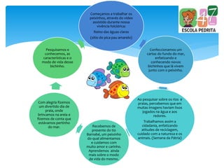 Começamos a trabalhar os
peixinhos, através do vídeo
assistido durante nossa
vivência folclórica:
Reino das águas claras
(sítio do pica pau amarelo)
Confeccionamos um
cartaz do fundo do mar,
enfatizando e
conhecendo novos
bichinhos que lá vivem
junto com o peixinho.
Ao pesquisar sobre os rios e
praias, percebemos que em
muitas imagens haviam lixos
jogados na água e aos
redores.
Trabalhamos assim a
cidadania, enfatizando
atitudes de reciclagem,
cuidado com a natureza e os
animais. (Semana da Pátria)
Recebemos de
presente do tio
Barnabé, um peixinho
do qual alimentamos
e cuidamos com
muito amor e carinho.
Aprendemos ainda
mais sobre o modo
de vida do mesmo.
Com alegria fizemos
um divertido dia de
praia, onde
brincamos na areia e
fizemos de conta que
estávamos pertinho
do mar.
Pesquisamos e
conhecemos, as
características e o
modo de vida desse
bichinho.
 