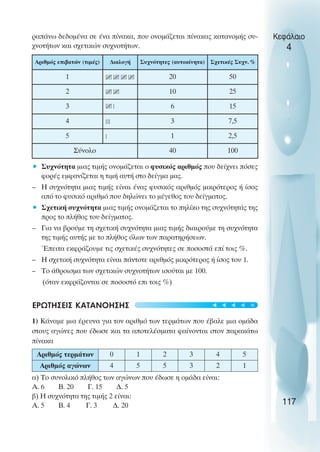 ραπάνω δεδοµένα σε ένα πίνακα, που ονοµάζεται πίνακας κατανοµής συ-
χνοτήτων και σχετικών συχνοτήτων.
• Συχνότητα µιας τιµής ονοµάζεται ο φυσικός αριθµός που δείχνει πόσες
φορές εµφανίζεται η τιµή αυτή στο δείγµα µας.
– Η συχνότητα µιας τιµής είναι ένας φυσικός αριθµός µικρότερος ή ίσος
από το φυσικό αριθµό που δηλώνει το µέγεθος του δείγµατος.
• Σχετική συχνότητα µιας τιµής ονοµάζεται το πηλίκο της συχνότητάς της
προς το πλήθος του δείγµατος.
– Για να βρούµε τη σχετική συχνότητα µιας τιµής διαιρούµε τη συχνότητα
της τιµής αυτής µε το πλήθος όλων των παρατηρήσεων.
Έπειτα εκφράζουµε τις σχετικές συχνότητες σε ποσοστά επί τοις %.
– Η σχετική συχνότητα είναι πάντοτε αριθµός µικρότερος ή ίσος του 1.
– Το άθροισµα των σχετικών συχνοτήτων ισούται µε 100.
(όταν εκφράζονται σε ποσοστό επι τοις %)
ΕΡΩΤΗΣΕΙΣ ΚΑΤΑΝOΗΣΗΣ
1) Κάναµε µια έρευνα για τον αριθµό των τερµάτων που έβαλε µια οµάδα
στους αγώνες που έδωσε και τα αποτελέσµατα φαίνονται στον παρακάτω
πίνακα
α) Το συνολικό πλήθος των αγώνων που έδωσε η οµάδα είναι:
Α. 6 Β. 20 Γ. 15 ∆. 5
β) Η συχνότητα της τιµής 2 είναι:
Α. 5 Β. 4 Γ. 3 ∆. 20
Κεφάλαιο
4
117
Αριθµός επιβατών (τιµές) ∆ιαλογή Συχνότητες (αυτοκίνητα) Σχετικές Συχν. %
1 20 50
2 10 25
3 6 15
4 3 7,5
5 1 2,5
Σύνολο 40 100
Αριθµός τερµάτων 0 1 2 3 4 5
Αριθµός αγώνων 4 5 5 3 2 1
t
t
t
t
t
 