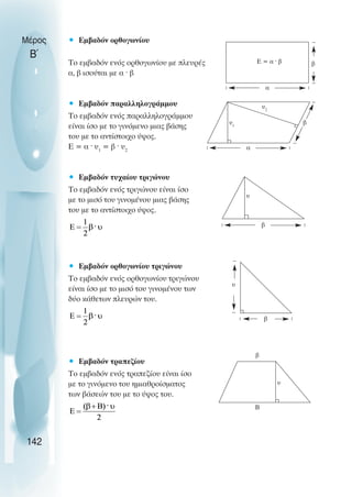 • Εµβαδόν ορθογωνίου
Το εµβαδόν ενός ορθογωνίου µε πλευρές
α, β ισούται µε α · β
• Εµβαδόν παραλληλογράµµου
Το εµβαδόν ενός παραλληλογράµµου
είναι ίσο µε το γινόµενο µιας βάσης
του µε το αντίστοιχο ύψος.
Ε = α · υ1
= β · υ2
• Εµβαδόν τυχαίου τριγώνου
Το εµβαδόν ενός τριγώνου είναι ίσο
µε το µισό του γινοµένου µιας βάσης
του µε το αντίστοιχο ύψος.
• Εµβαδόν ορθογωνίου τριγώνου
Το εµβαδόν ενός ορθογωνίου τριγώνου
είναι ίσο µε το µισό του γινοµένου των
δύο κάθετων πλευρών του.
• Εµβαδόν τραπεζίου
Το εµβαδόν ενός τραπεζίου είναι ίσο
µε το γινόµενο του ηµιαθροίσµατος
των βάσεών του µε το ύψος του.
Μέρος
Β΄
142
E = α ˆ β β
α
υ2
β
α
υ1
β
υ
β
υ
β
Β
υ
 
