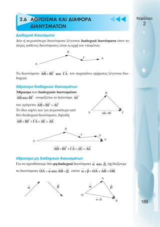 u t
t
t
2.6 ΑΘΡΟΙΣΜΑ ΚΑΙ ∆ΙΑΦΟΡΑ
∆ΙΑΝΥΣΜΑΤΩΝ
∆ιαδοχικά διανύσµατα
∆ύο ή περισσότερα διανύσµατα λέγονται διαδοχικά διανύσµατα όταν το
πέρας καθενος διανύσµατος είναι η αρχή του εποµένου.
Τα διανύσµατα του παραπάνω σχήµατος λέγονται δια-
δοχικά.
Άθροισµα διαδοχικών διανυσµάτων
Άθροισµα των διαδοχικών διανυσµάτων
ονοµάζεται το διάνυσµα
και γράφεται
Το ίδιο ισχύει και για περισσότερα από
δύο διαδοχικά διανύσµατα, δηλαδή
Άθροισµα µη διαδοχικών διανυσµάτων
Για να προσθέσουµε δύο µη διαδοχικά διανύσµατα σχεδιάζουµε
τα διανύσµατα οπότε
Κεφάλαιο
2
189
Α
Β
Γ ∆
Β
Α Γ
Α
Β
Γ ∆
Ε
Α
Ο
Β
 