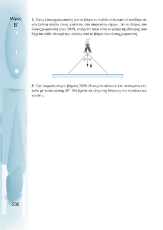 45˚ 45˚
200
Μέρος
Β΄
4. Ένας ελαιοχρωµατιστής για να βάψει το ταβάνι ενός σπιτιού ανέβηκε σε
µία ξύλινη σκάλα όπως φαίνεται στο παρακάτω σχήµα. Αν το βάρος του
ελαιοχρωµατιστή είναι 500Ν, να βρείτε ποιό είναι το µέτρο της δύναµης που
δέχεται κάθε πλευρά της σκάλας από το βάρος του ελαιοχρωµατιστή.
5. Ένα κοµµάτι πάγου βάρους 320Ν γλυστράει πάνω σε ένα κεκλιµένο επί-
πεδο µε γωνία κλίσης 35˚. Να βρείτε το µέτρο της δύναµης που το κάνει και
κινείται.
 